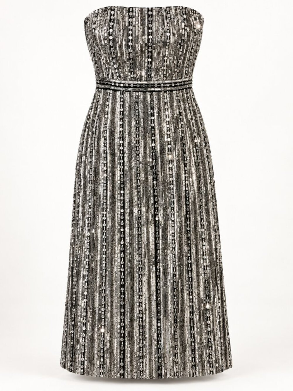 Mac Duggal Strapless Silver Beaded Sequin Midi Dress Black Size 16